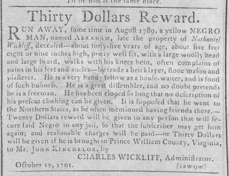 1791 Virginia advertisement for fugitive slave Abraham, who has been gone two years.